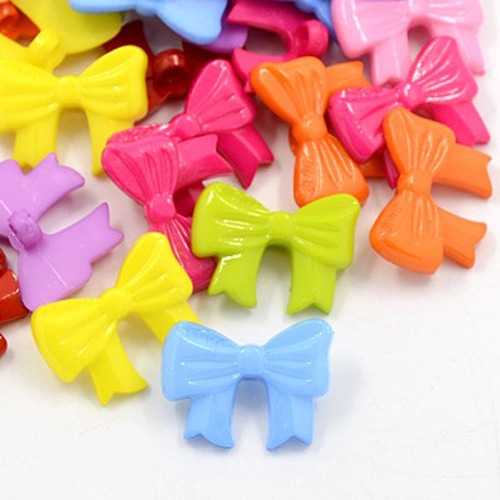 PandaHall Acrylic Shank Buttons, Plastic Buttons, 1-Hole, Dyed, Bowknot, Mixed Color, 14x10x2mm, Hole: 3mm Acrylic Bowknot Multicolor