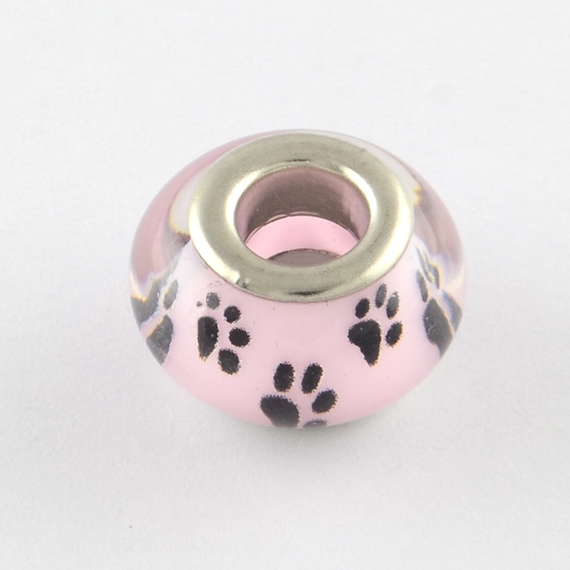 PandaHall Large Hole Dog Paw Prints Pattern Acrylic European Beads, with Silver Tone Brass Double Cores, Rondelle, Pink, 14x9~10mm, Hole...