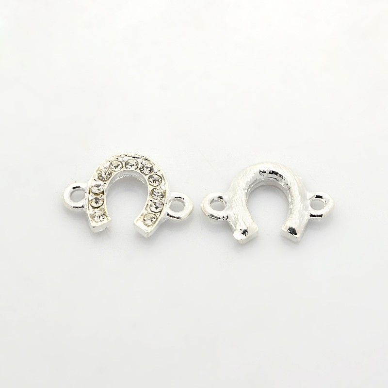 PandaHall Alloy Rhinestone Links, Horseshoe, Silver, 19x13x3mm, Hole: 2mm Alloy Horse Silver