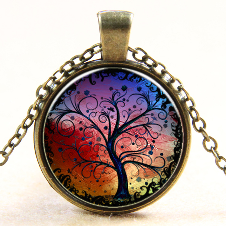 PandaHall Tree Of Life Pattern Flat Round Glass Pendant Necklaces, with Alloy Chains, Antique Bronze, 18" Alloy