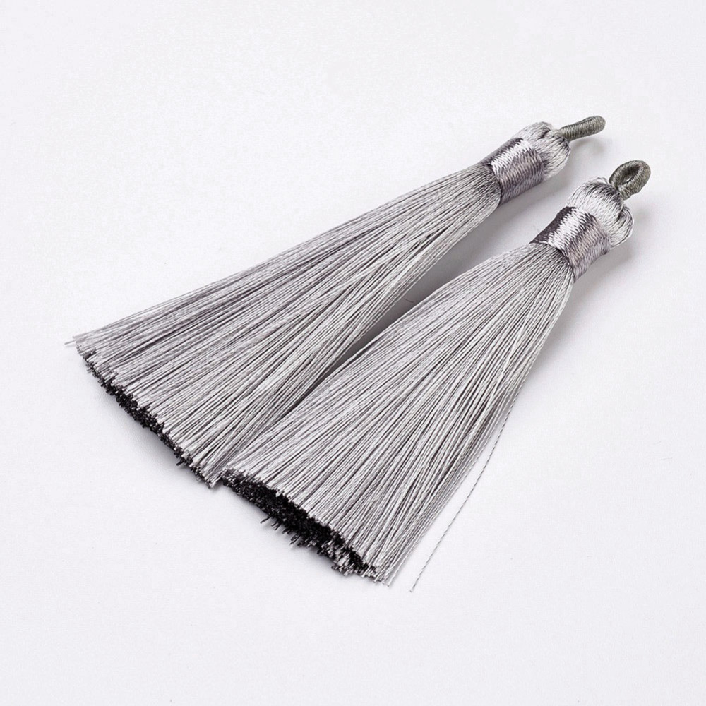 PandaHall Nylon Tassels Big Pendant Decorations, Gray, 83~92x9~10mm, Hole: 1.5~4mm Nylon Gray