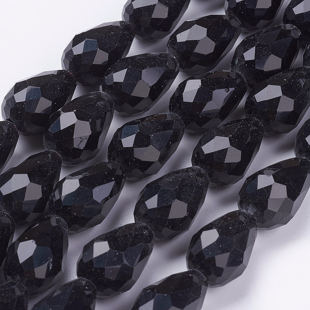 PandaHall Glass Beads Strands, Faceted, Drop, Black, 15x10mm; Hole: 1mm, about 50pcs/strand, 26.6" Glass Drop Black