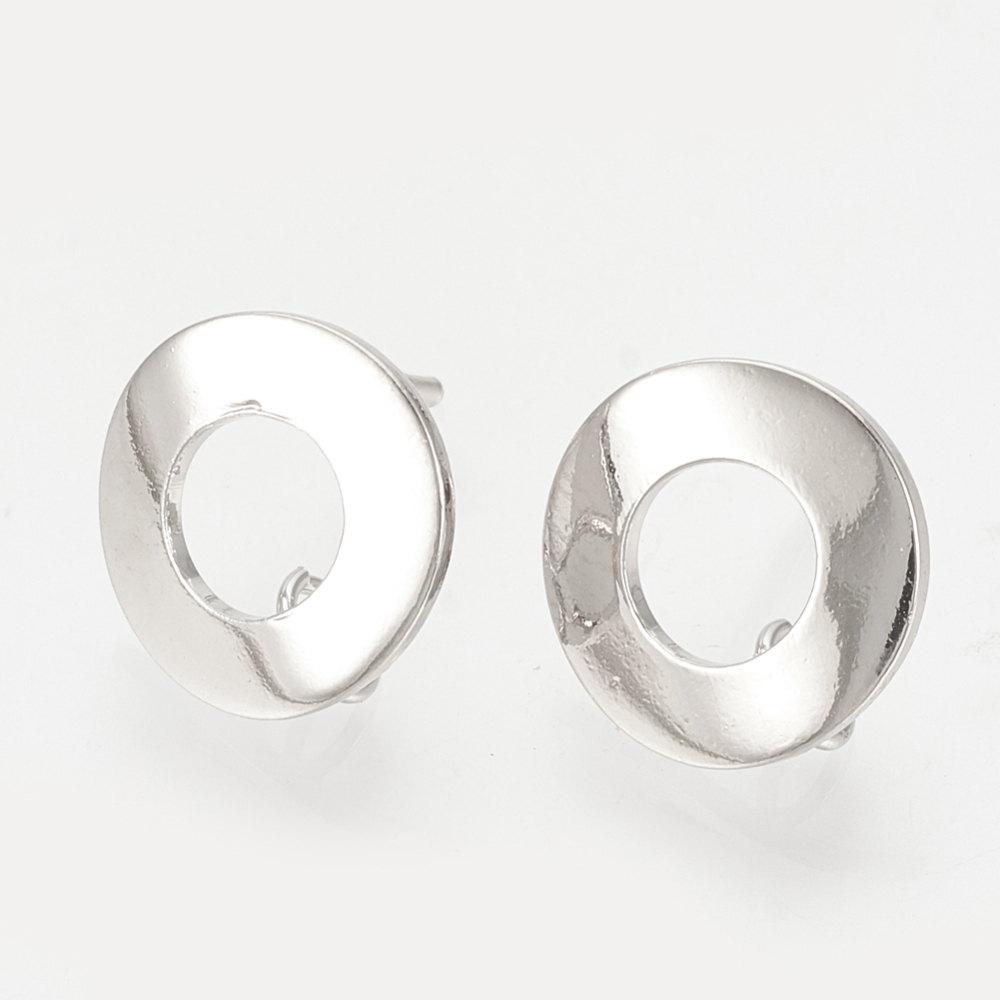 PandaHall Brass Stud Earring Findings, Donut, Real Platinum Plated, 12mm, Hole: 2.5mm; Pin: 0.8mm Brass