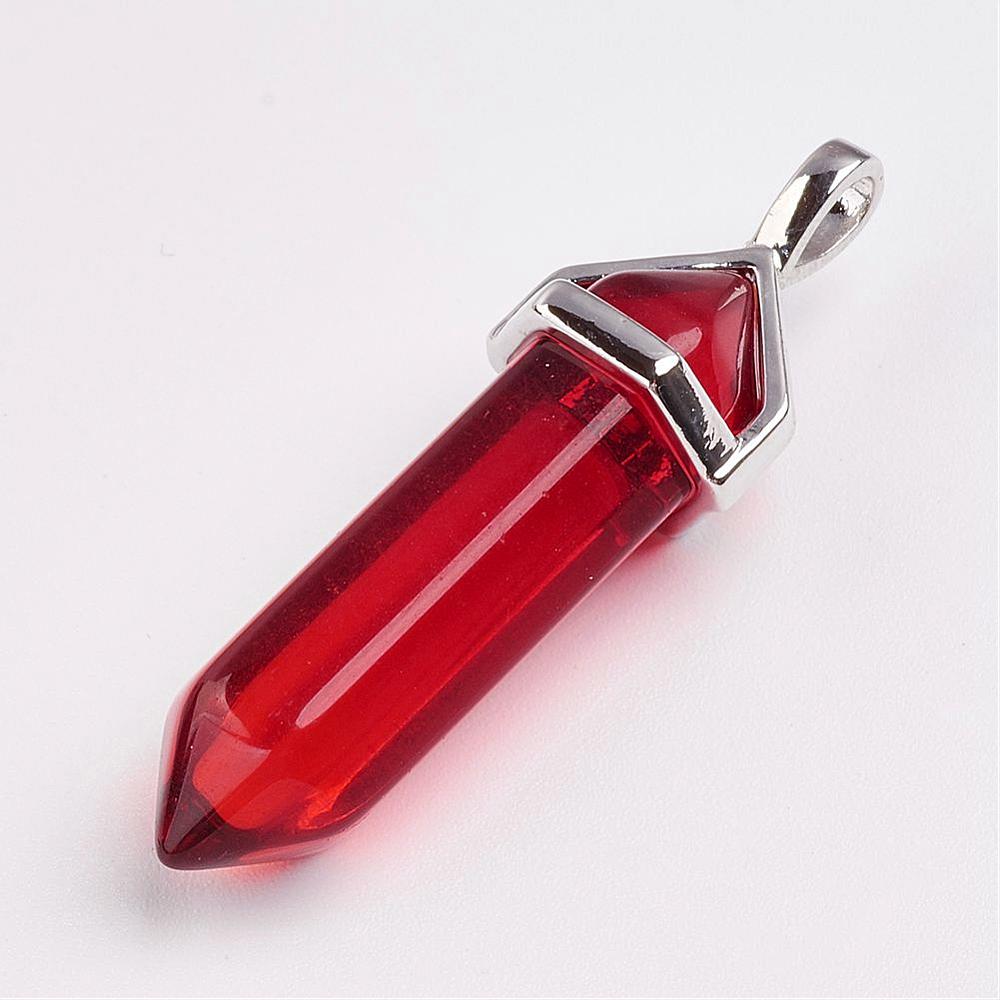 PandaHall Glass Pendants, with Platinum Tone Brass Findings, Bullet, Red, 40~43x12~13x10~10.5mm, Hole: 4x5mm Brass+Glass Bullet Red