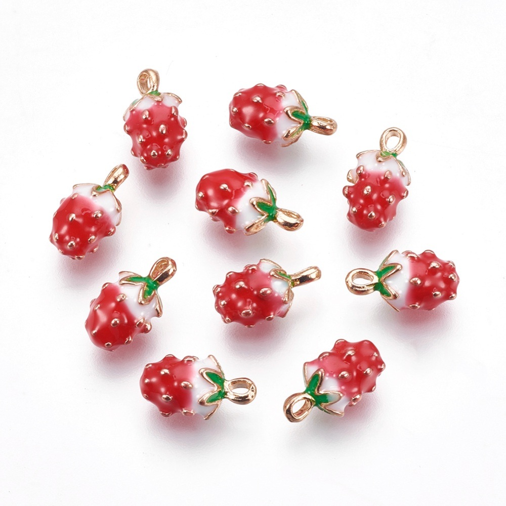 PandaHall Golden Plated Alloy Enamel Charms, Strawberry, Red, 13x7mm, Hole: 1.5mm Alloy+Enamel Fruit Red