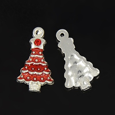 PandaHall Alloy Enamel Pendants, with Rhinestones, Christmas Tree, Red, Silver Color, about 21mm long, 12mm wide, 4mm thick, hole: 1.5mm...