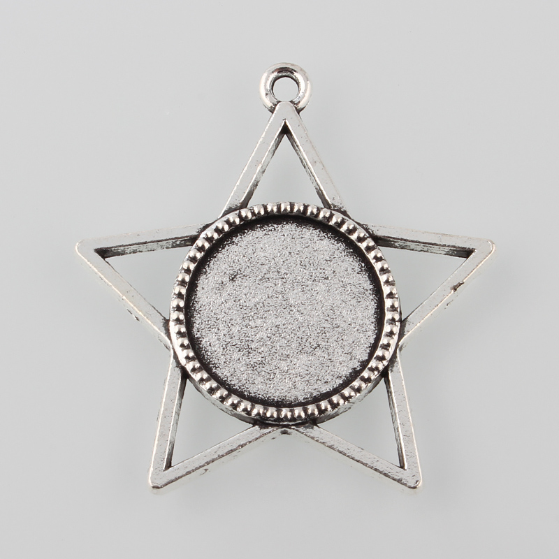 PandaHall Tibetan Style Antique Silver Alloy Star Pendant Cabochon Settings, Tray: 18mm; 42x39x3mm, Hole: 2mm; about 175pcs/1000g Alloy Star