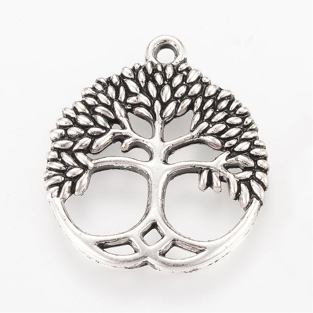 PandaHall Tibetan Style Alloy Pendants, Flat Round with Tree, Lead Free & Cadmium Free, Antique Silver, 26x23x2.5mm, Hole: 2mm; about...