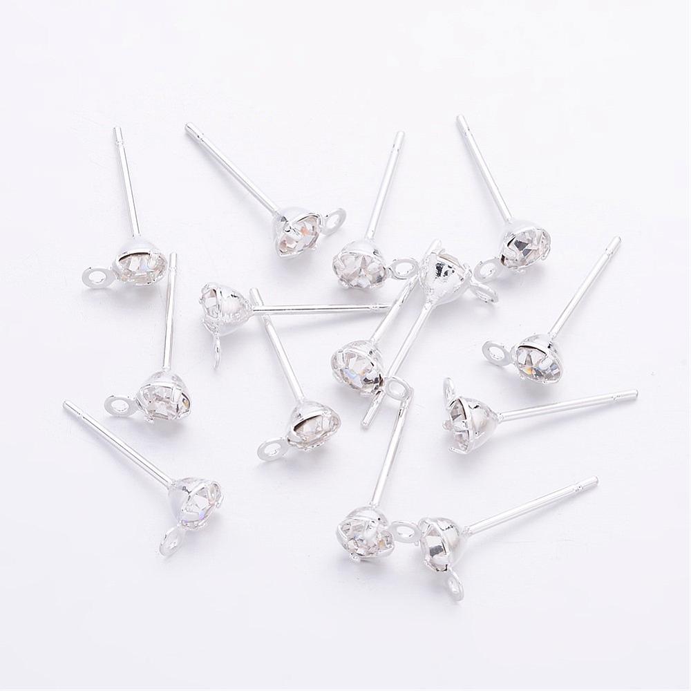 PandaHall Silver Color Brass Post Earring Findings with Rhinestone, about 5mm wide, 15mm long, hole: 0.5mm; Pin: 0.8mm Brass