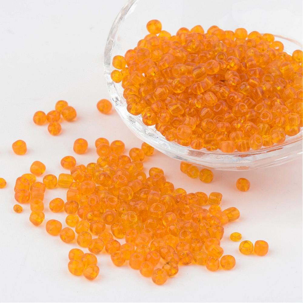 PandaHall 6/0 Glass Seed Beads, Transparent, Round, Orange, 4mm, hole: 1.5mm; about 496pcs/50g Glass Orange