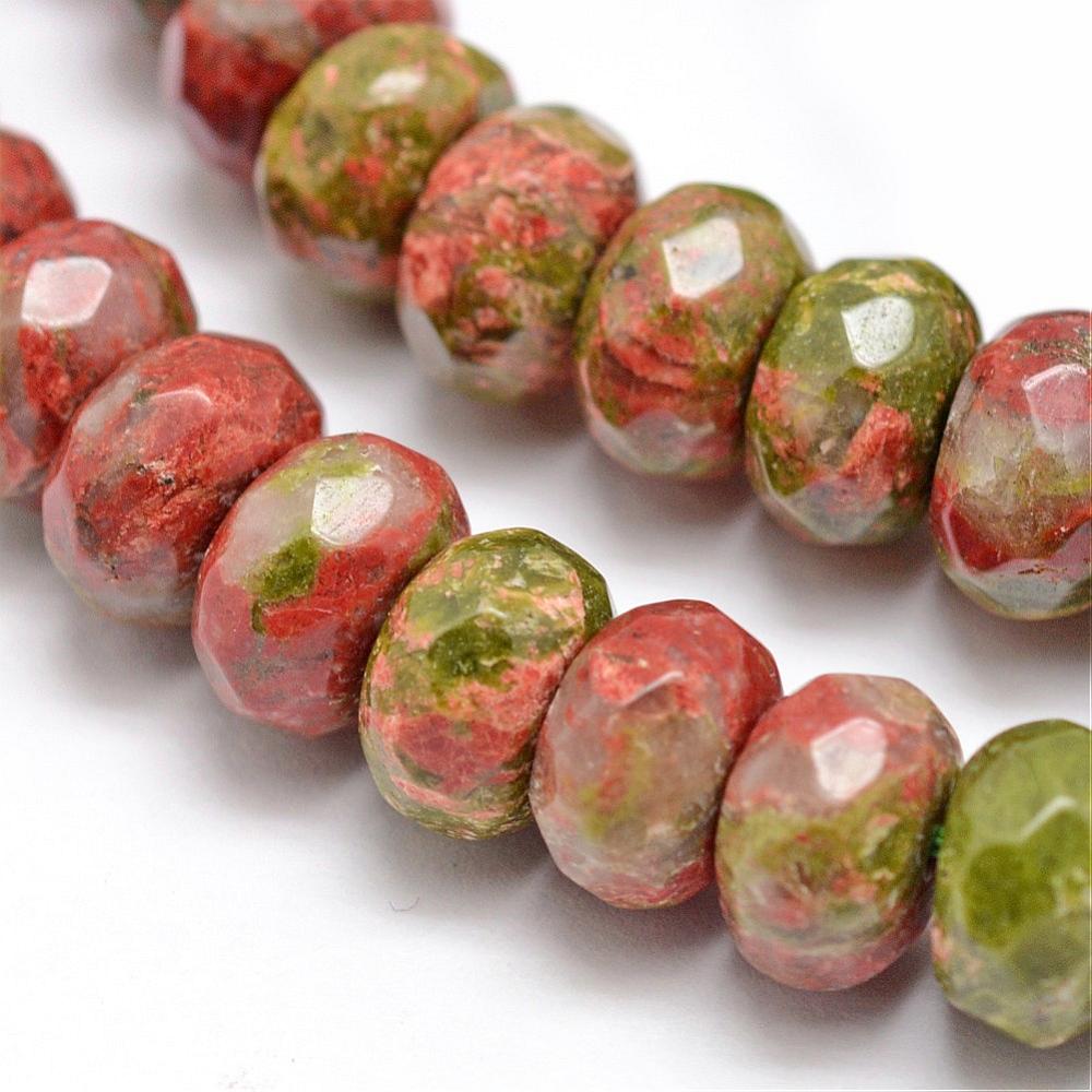 PandaHall Faceted Natural Unakite Rondelle Beads Strands, 8x5mm, Hole: 1mm; about 76pcs/strand, 15.2" Unakite Rondelle