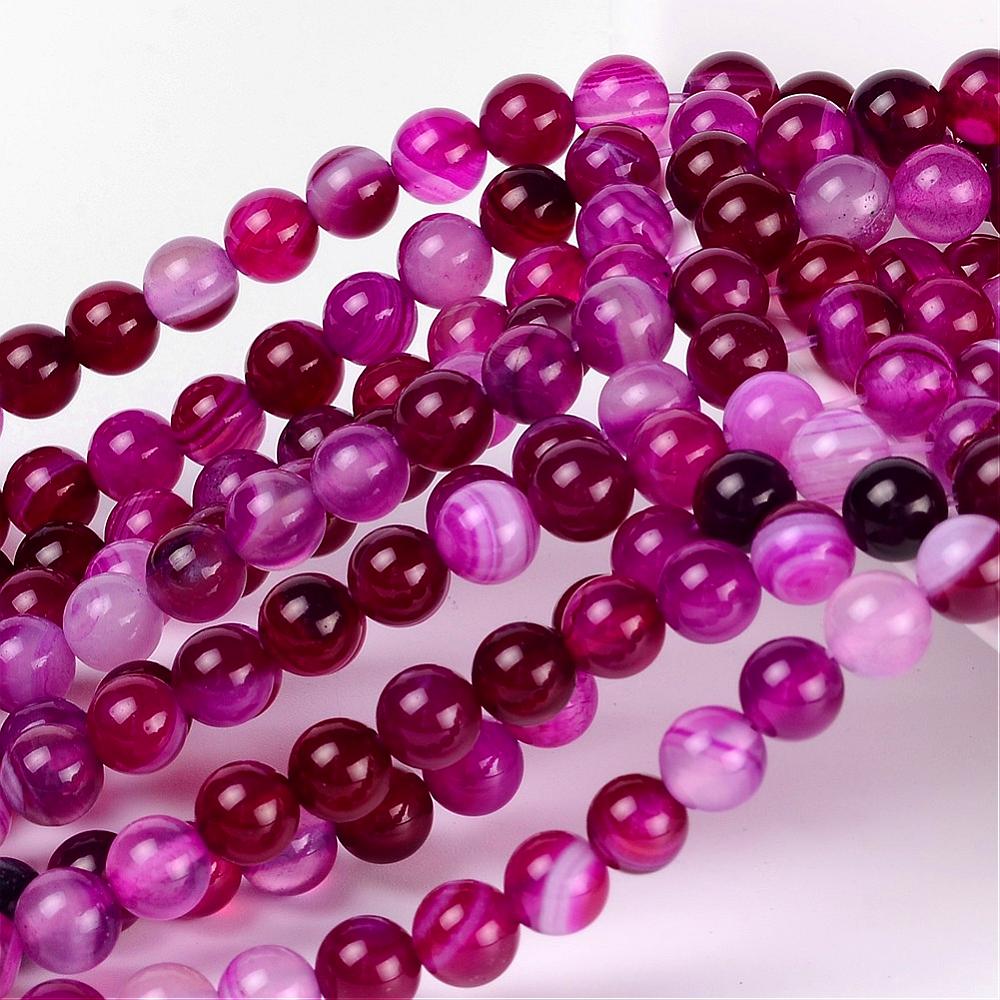 PandaHall Natural Striped Agate/Banded Agate Beads, Dyed, Round, Fuchsia, Size: about 6mm in diameter, hole: 1mm, 63pcs/strand, 15.5" Banded...