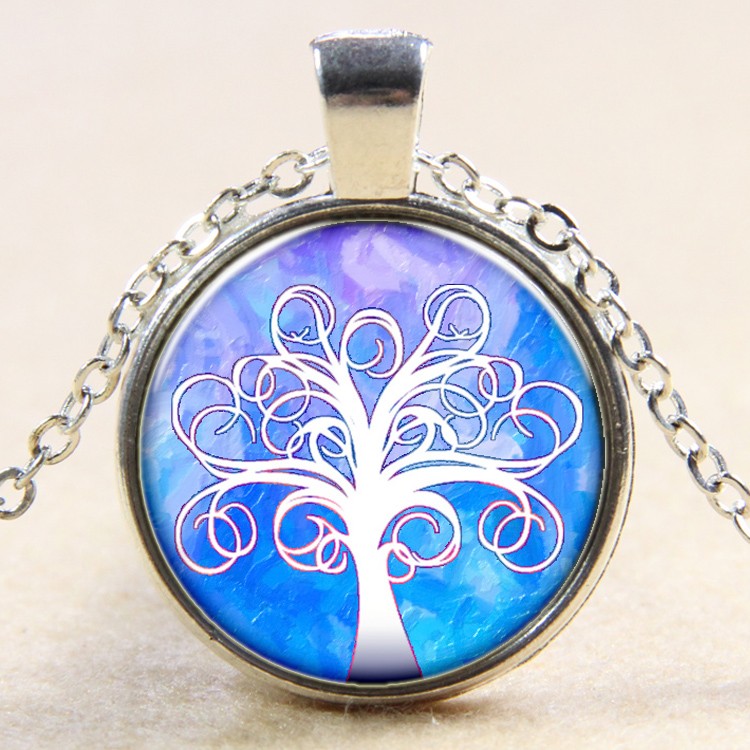 PandaHall Tree Of Life Pattern Flat Round Glass Pendant Necklaces, with Alloy Chains, Silver, 18" Alloy