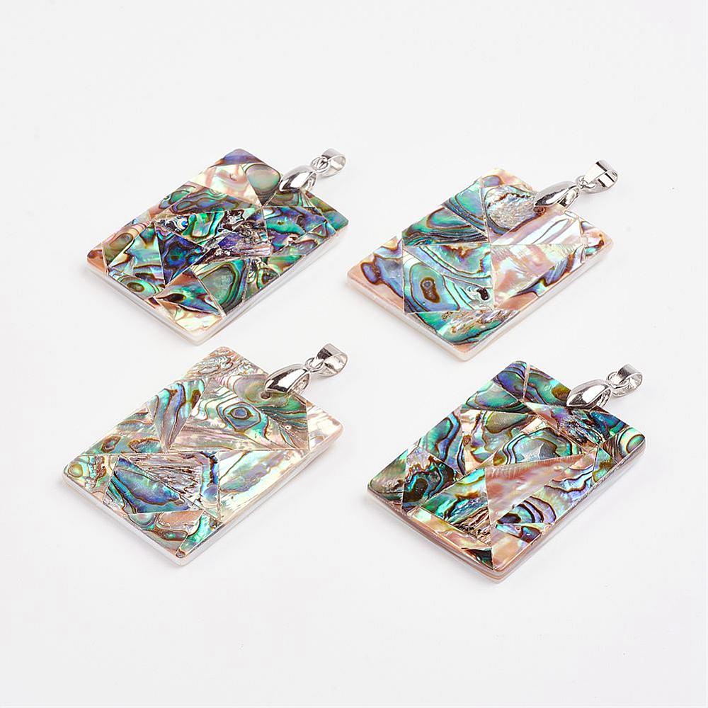 PandaHall Abalone/Paua Shell Pendants, with Platinum Tone Brass Findings, Rectangle, Colorful, 40.5x30x3mm, Hole: 4x5.5mm Shell Rectangle