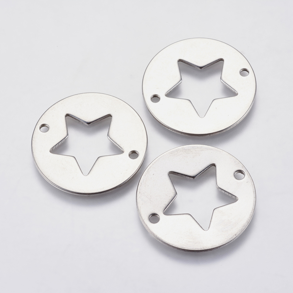 PandaHall 304 Stainless Steel Links, Flat Round with Hollow Star, Stainless Steel Color, 25x1mm, Hole: 2mm Stainless Steel Flat Round