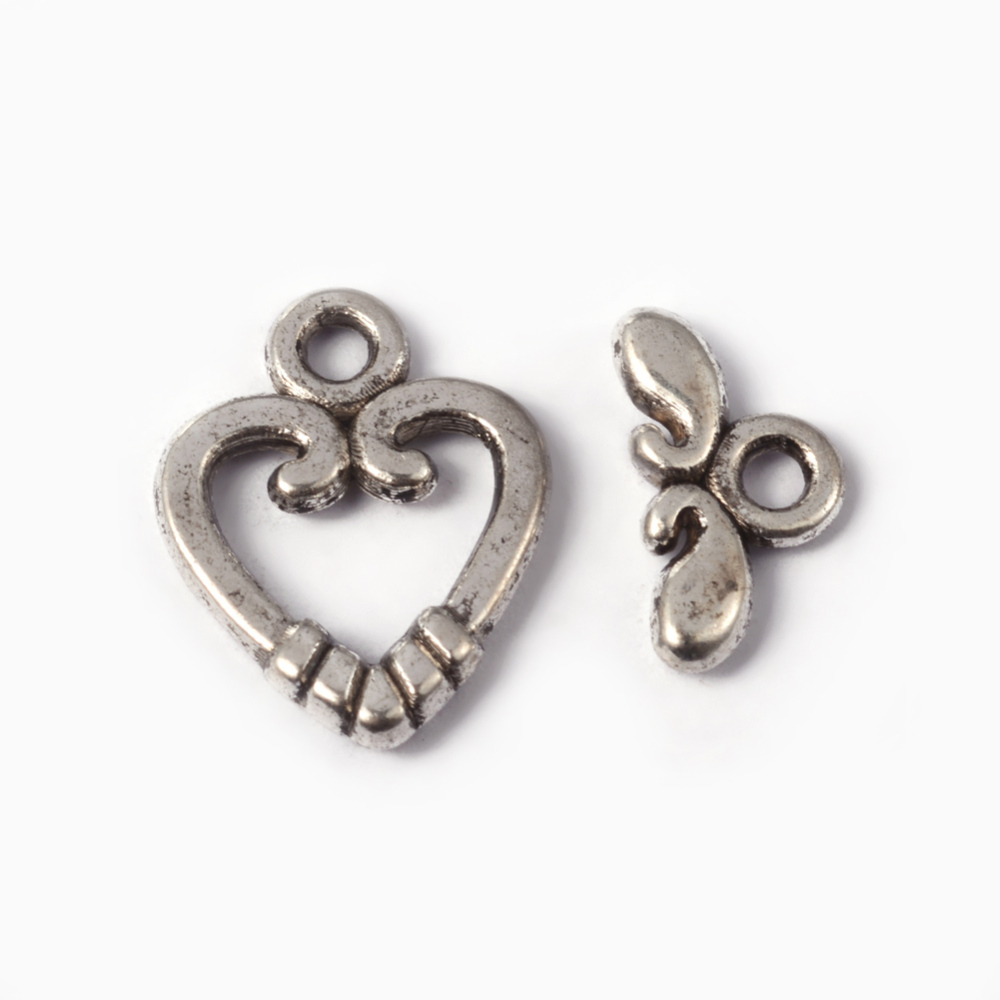 PandaHall Tibetan Style Toggle Clasps, Lead Free, Cadmium Free, Antique Silver, Size: Heart: 11mm wide, 14mm long, Bar: 6mm wide, 11.5mm...