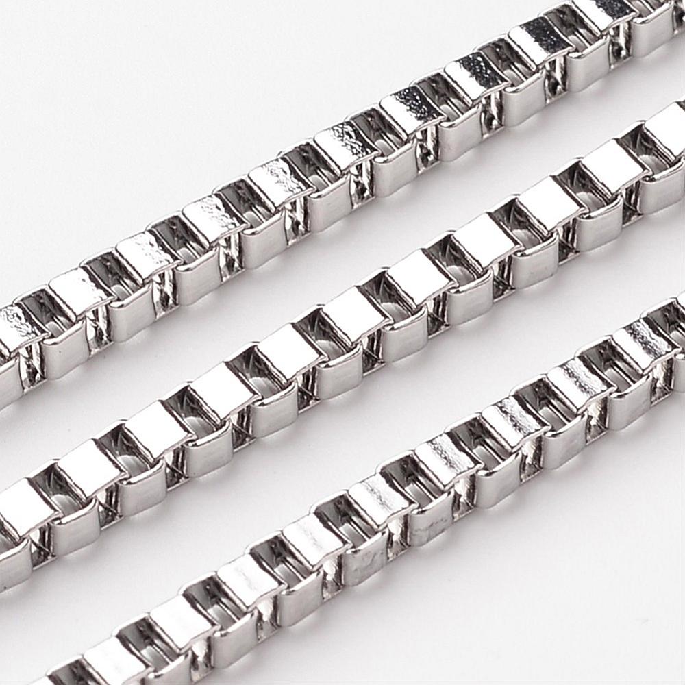 PandaHall 304 Stainless Steel Venetian Chains, Box Chain, Stainless Steel Color, 3x3mm Stainless Steel