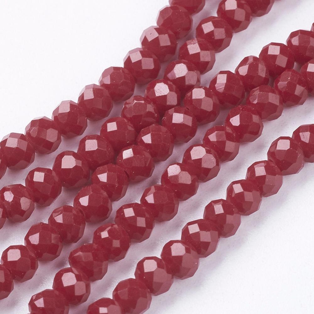 PandaHall Faceted Imitation Jade Glass Rondelle Beads Strands, DarkRed, 4x3mm, Hole: 1mm; about 150pcs/strand, 18.9" Glass Rondelle Red