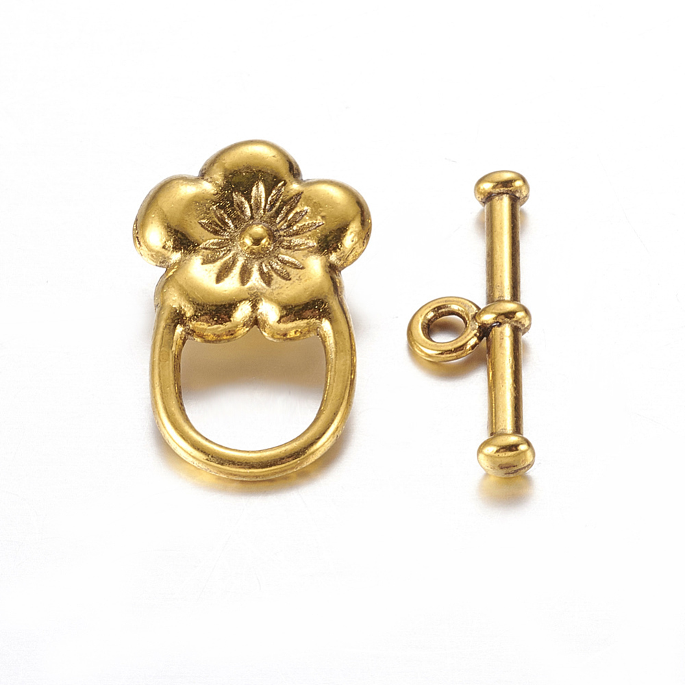 PandaHall Tibetan Style Toggle Clasps, Flower, Antique Golden, Lead Free, Cadmium Free and Nickel Free, Size: Flower: 13mm wide, 22mm long...