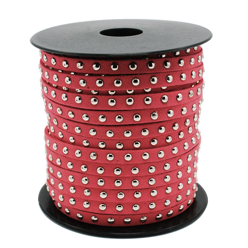 PandaHall Silver Aluminum Studded Korea Faux Suede Cord, Faux Suede Lace, Red, 5x2mm; about 20yards/roll Suede Red