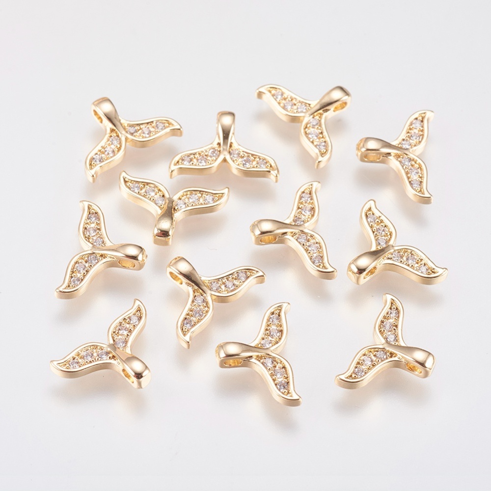 PandaHall Brass Micro Pave Cubic Zirconia Charms, Whale Tail Shape, Real Gold Plated, 8x11.5x2.5mm, Hole: 1x1.5mm Brass+Cubic Zirconia Fish...