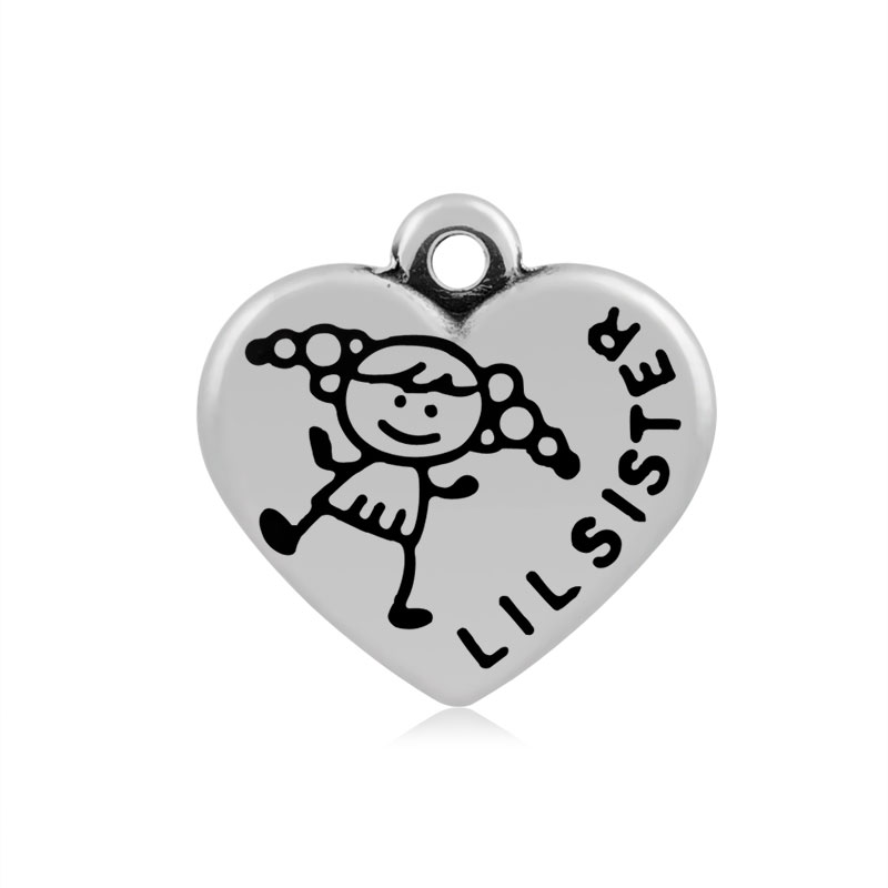 PandaHall Heart with Word Little Sister 316 Stainless Steel Pendants, Antique Silver, 16x16.5x4mm, Hole: 2mm Stainless Steel Heart