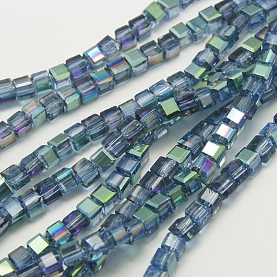 PandaHall Electroplate Glass Beads Strands, Half Plated, Faceted Cube, Cyan, 4x4x4mm, Hole: 1mm; about 100pcs/strand, 16.9" Cube Cyan