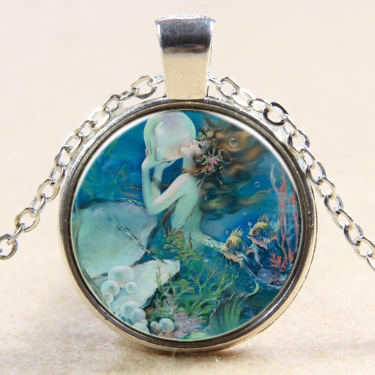 PandaHall Mermaid Pattern Flat Round Glass Pendant Necklaces, with Alloy Chains, Silver, 18" Glass