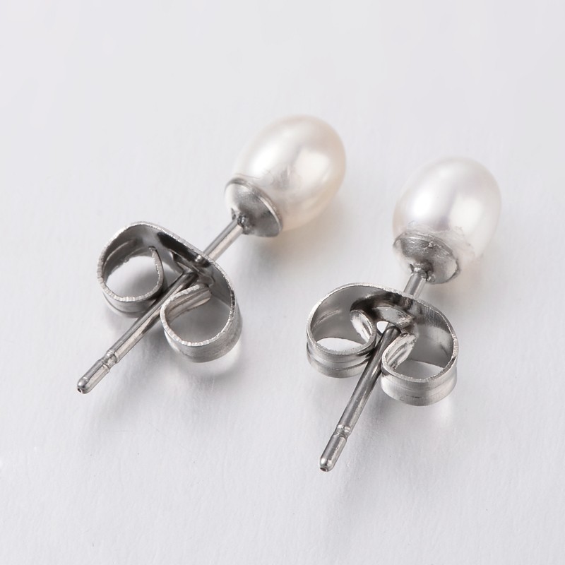 PandaHall Natural Cultured Freshwater Pearl Ear Studs, with 304 Stainless Steel Pin and Ear Nuts, White, 16.5x4mm; Pin: 0.7mm Pearl White