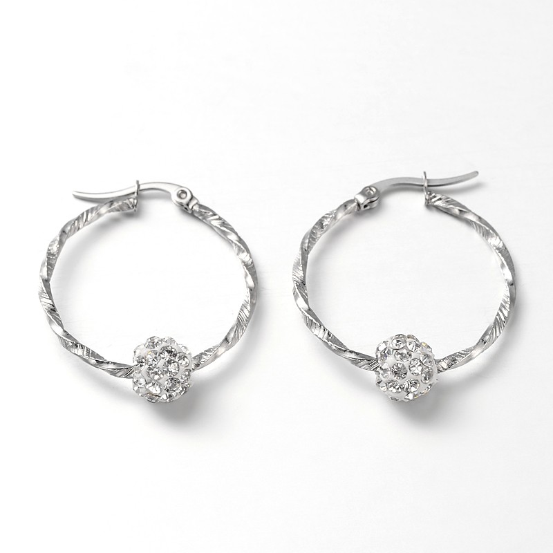 PandaHall 304 Stainless Steel Hoop Earrings, with Polymer Clay Rhinestone Beads, Stainless Steel Color, 31x28x2mm; Pin: 1mm Rhinestone White