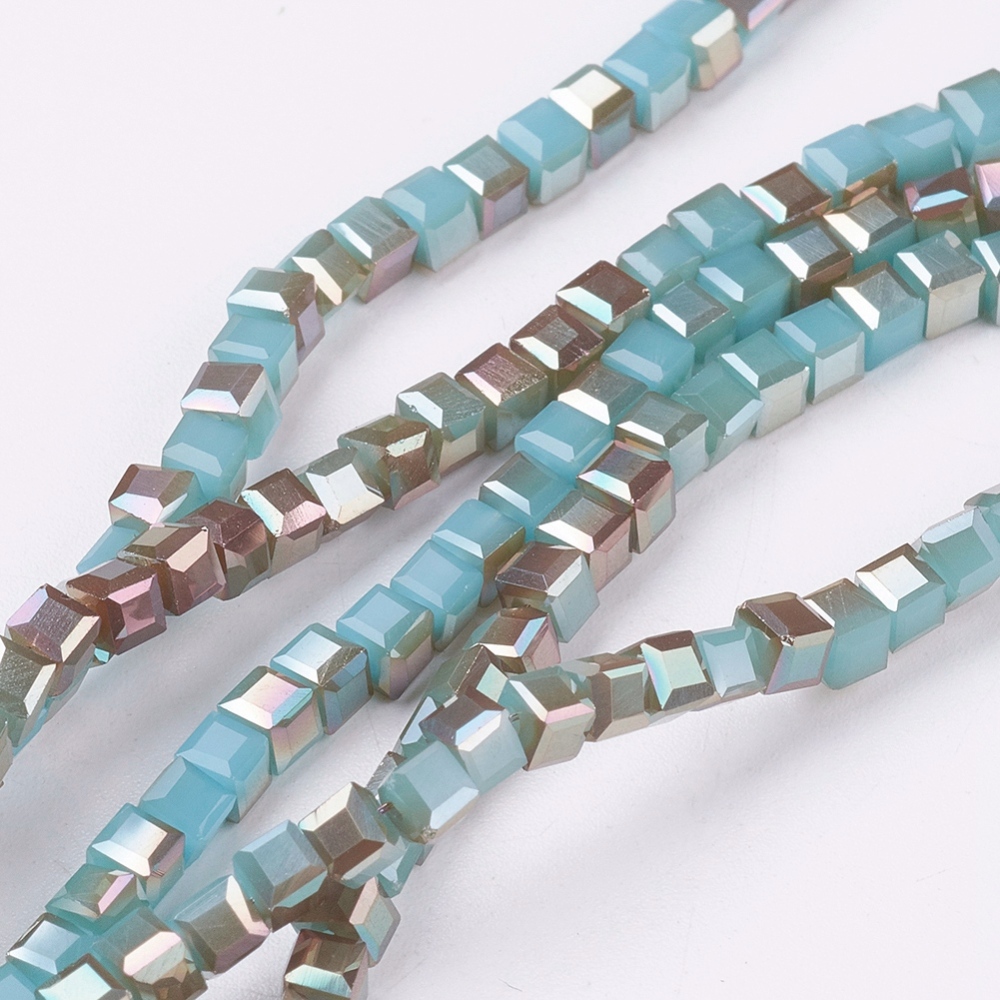 PandaHall Electroplate Imitation Jade Glass Bead Strands, Half Rainbow Plated, Faceted, Cube, CadetBlue, 3x3x3mm, Hole: 1mm; about...