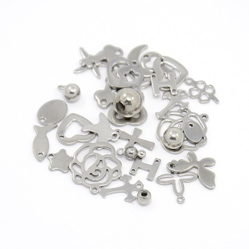 PandaHall Mixed 304 Stainless Steel Jewelry Findings, Stainless Steel Color, 3.5~16x3~15x0.5~7.5mm, Hole: 0.5~3mm Steel
