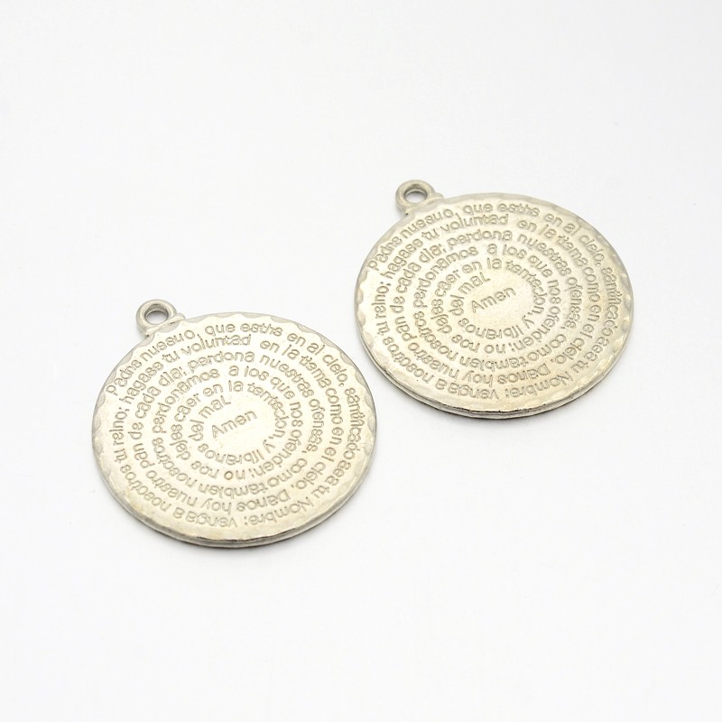 PandaHall Tibetan Style Pendants, Lead Free & Cadmium Free, Flat Round with the Lord's Prayer for Catholicism, Platinum, 36x32x2mm, Hole...