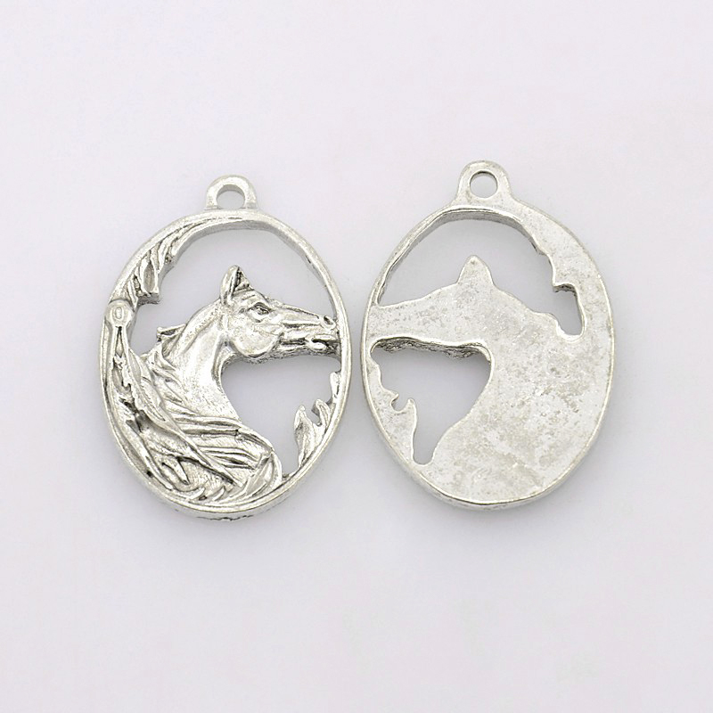 PandaHall Tibetan Style Pendants, Lead Free & Cadmium Free, Oval with Horse, Antique Silver, 28x19x2mm, Hole: 2mm Alloy Horse