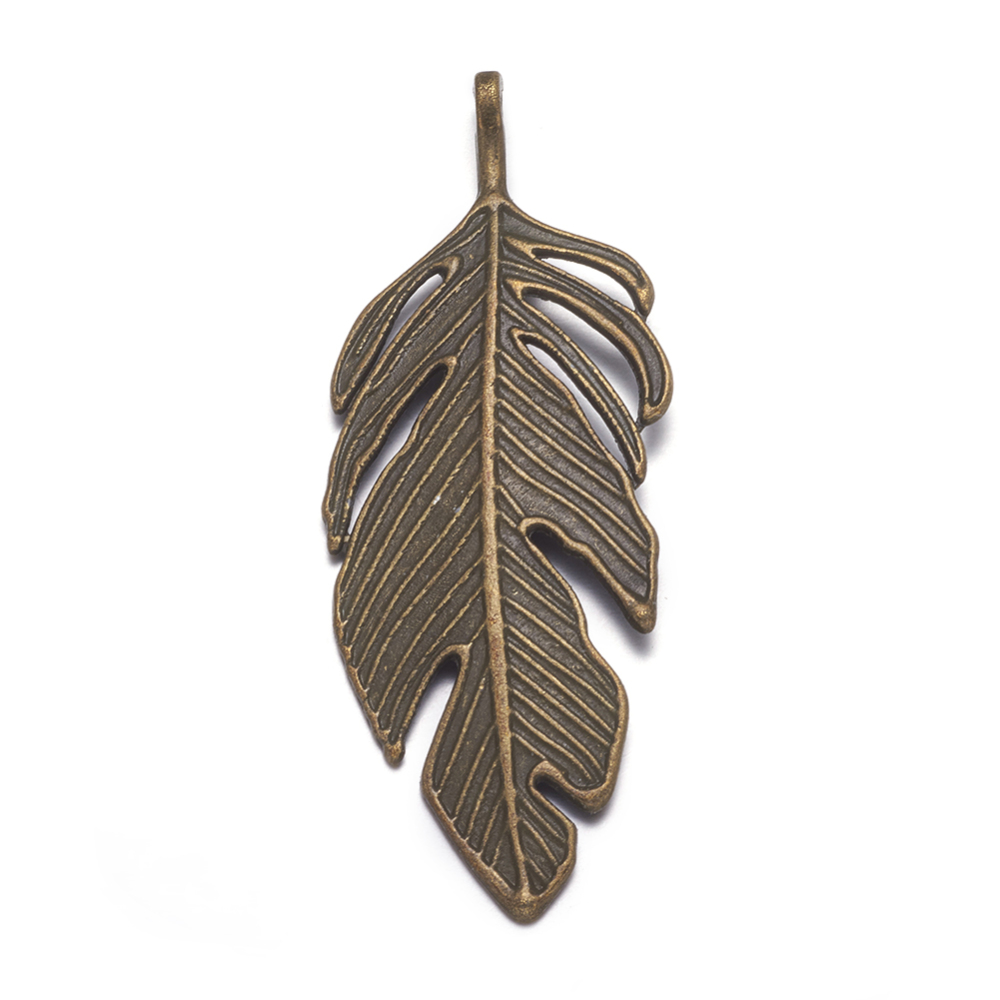 PandaHall 10Pcs Leaf Antique Bronze Tibetan Style Alloy Large Pendants, Lead Free and Cadmium Free, 62x23x2mm, hole: 2mm Alloy Leaf