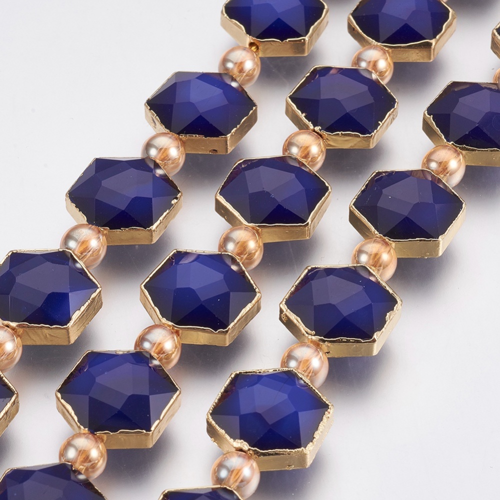 PandaHall Opaque Glass Beads Strands, Faceted, with Golden Tone Brass Edge, Hexagon & Round, DarkBlue, 15x14~15x7~8mm, Hole: 1mm; about...