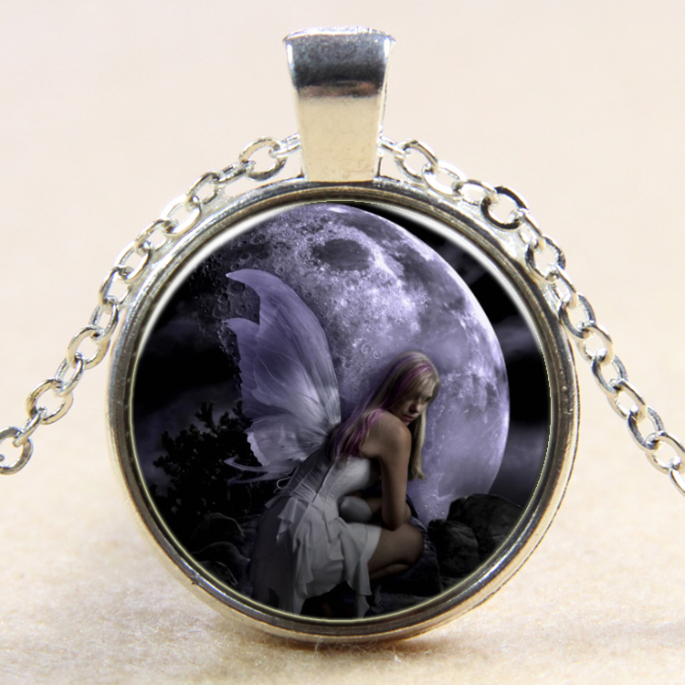 PandaHall Fairy Pattern Flat Round Glass Pendant Necklaces, Halloween, with Alloy Chains, Silver, 18" Alloy