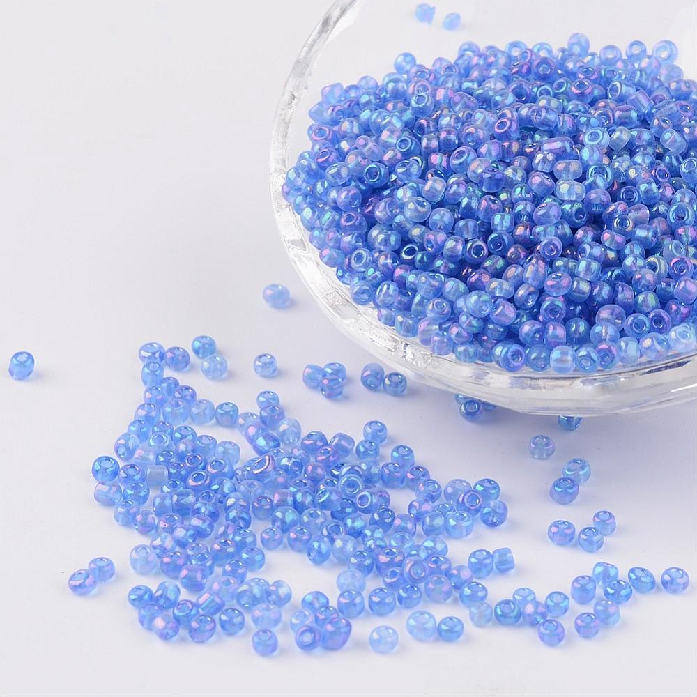 PandaHall Round Trans. Colors Rainbow Glass Seed Beads, CornflowerBlue, Size: about 3mm in diameter, hole: 1mm; about 1102pcs/50g Glass Blue
