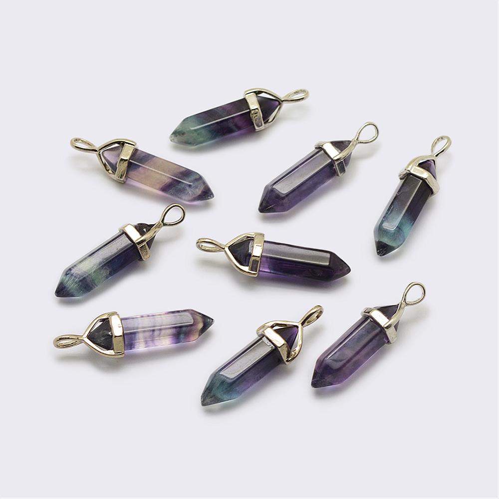 PandaHall Natural Fluorite Pendants, with Platinum Tone Alloy Findings, Bullet, 39x10x12mm, Hole: 3x5mm Fluorite Bullet