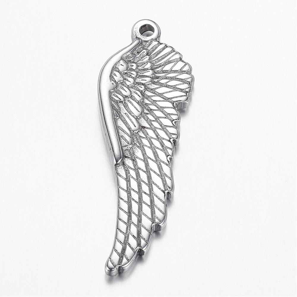 PandaHall 304 Stainless Steel Pendants, Wing, Stainless Steel Color, 38.5x13x3mm, Hole: 1.8mm Stainless Steel Wing
