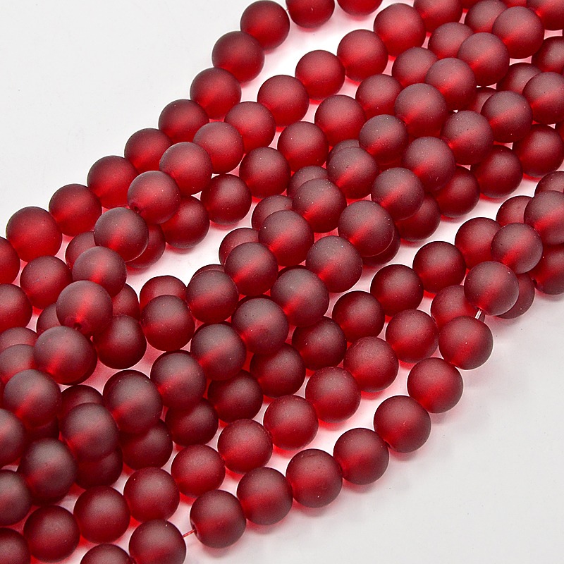 PandaHall Transparent Glass Bead Strands, Frosted, Round, DarkRed, 10mm, Hole: 1.3~1.6mm; about 80pcs/strand, 31.4" Glass Round Red