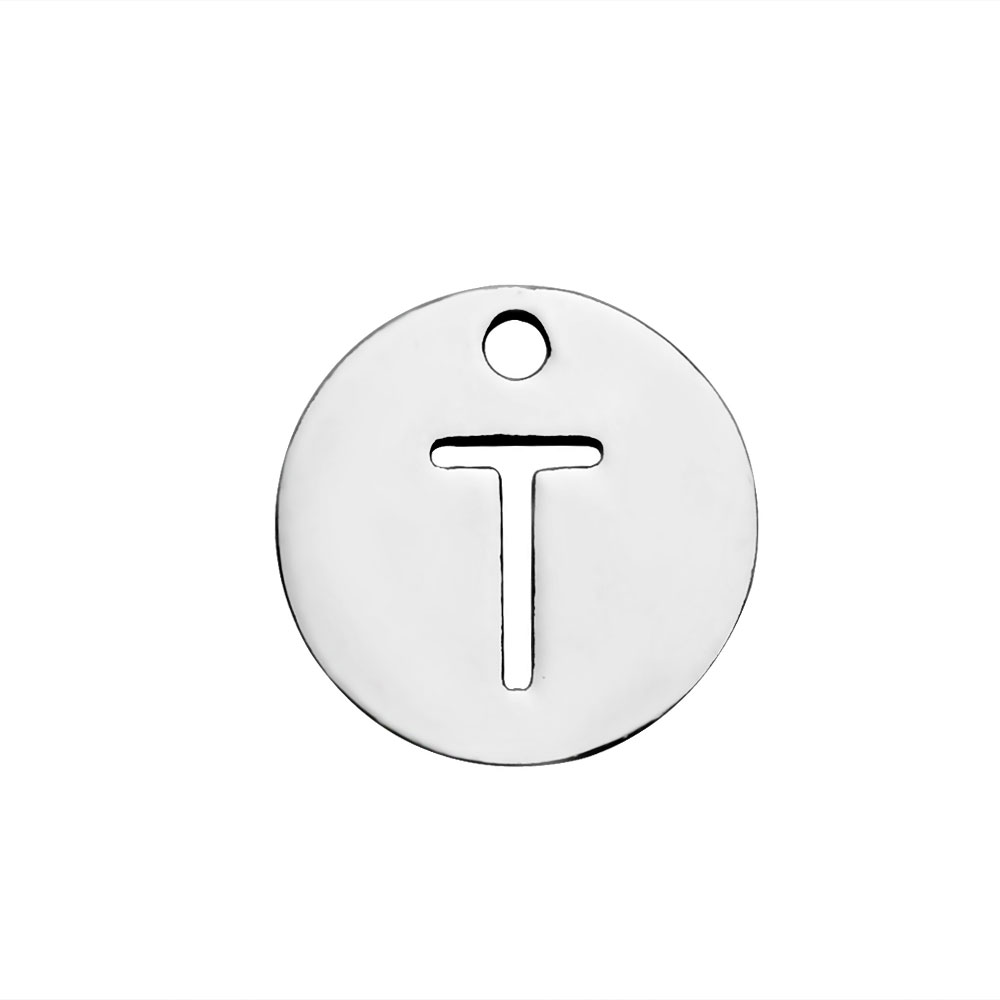 PandaHall 304 Stainless Steel Charms, Flat Round with Letter, Stainless Steel Color, Letter.T, 12x1mm, Hole: 1.5mm Stainless Steel Flat...
