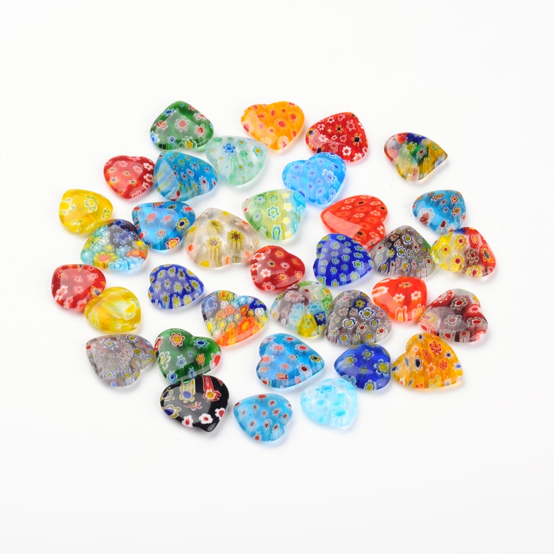 PandaHall Heart Handmade Millefiori Glass Pendants, with Flower Pattern, Mixed Color, 15~20x15~20x3~6mm, Hole: 1~2mm Millefiori Lampwork...