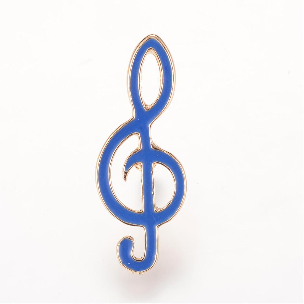 PandaHall Alloy Enamel Brooches, with Brass Finding, Treble Clef, Light Gold, RoyalBlue, 30x11mm; Pin: 1.2mm Alloy Blue