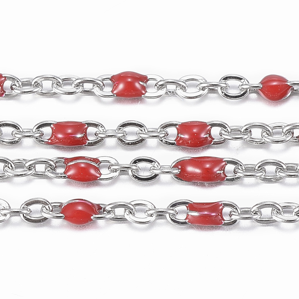 PandaHall 304 Stainless Steel Cable Chains, with Spool, with Enamel, Stainless Steel Color, Crimson, Links: 2x1.5x0.5mm; 10m/Roll Stainless...