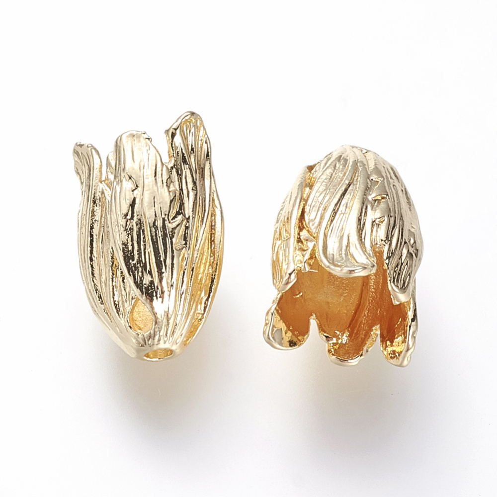 PandaHall Brass Bead Cap Findings, Real Gold Plated, 6-Petal, 15.5x9.5x9.5mm, Hole: 1.5mm Brass
