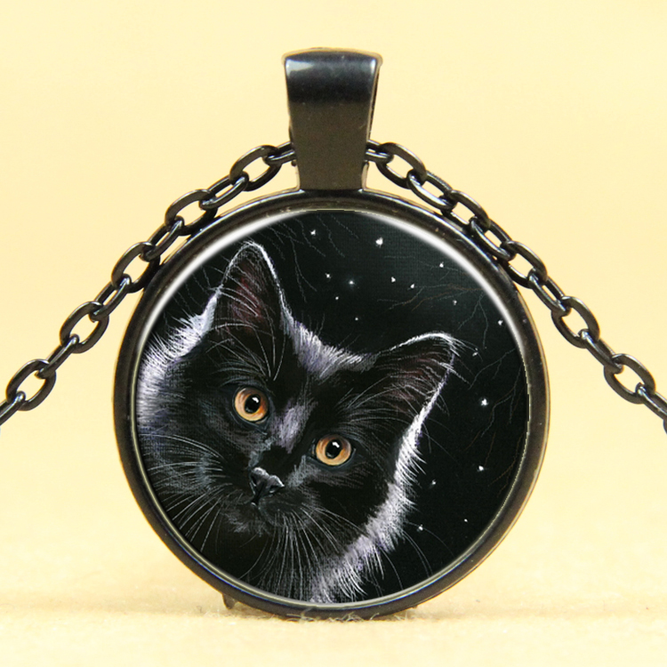 PandaHall Cat Pattern Flat Round Glass Pendant Necklaces, with Alloy Chains, Gunmetal, 18" Alloy