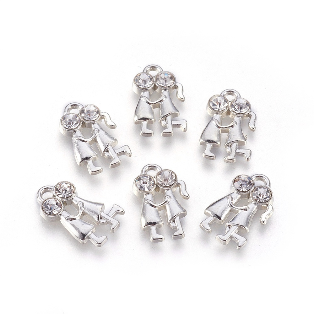 PandaHall Valentine Day Special Gift Ideas Alloy Pendants, with Rhinestone, Couple, Platinum Color, about 11mm wide, 17mm long, 3mm thick...