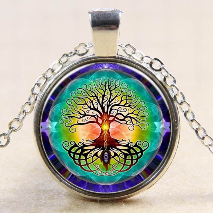 PandaHall Tree Of Life Pattern Flat Round Glass Pendant Necklaces, with Alloy Chains, Silver, 18" Alloy