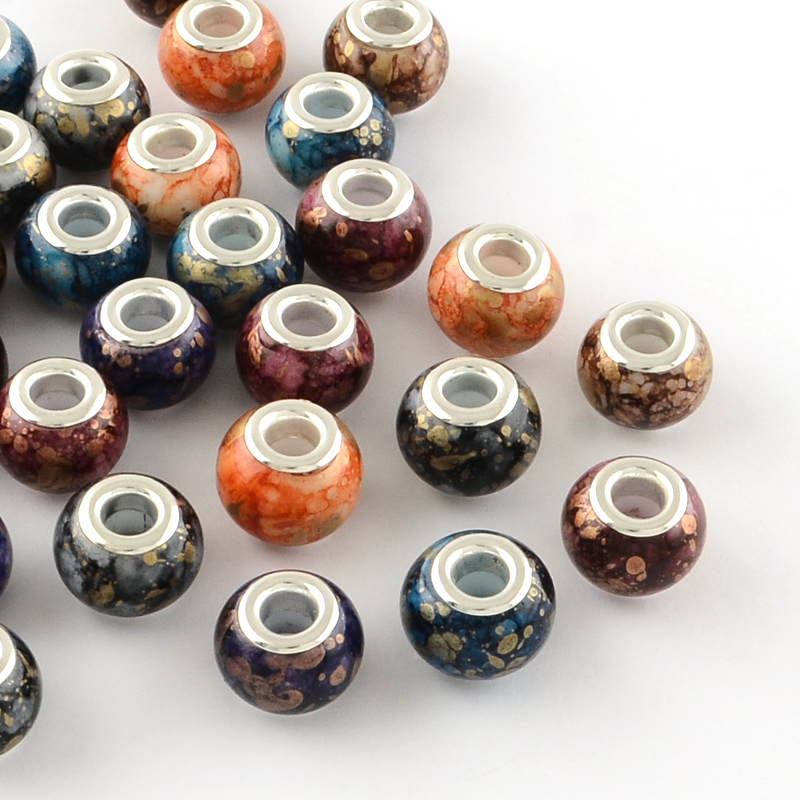 PandaHall Rondelle Spray Painted Glass European Large Hole Beads, with Silver Tone Brass Cores, Mixed Color, 14~15x11~12mm, Hole: 5mm...